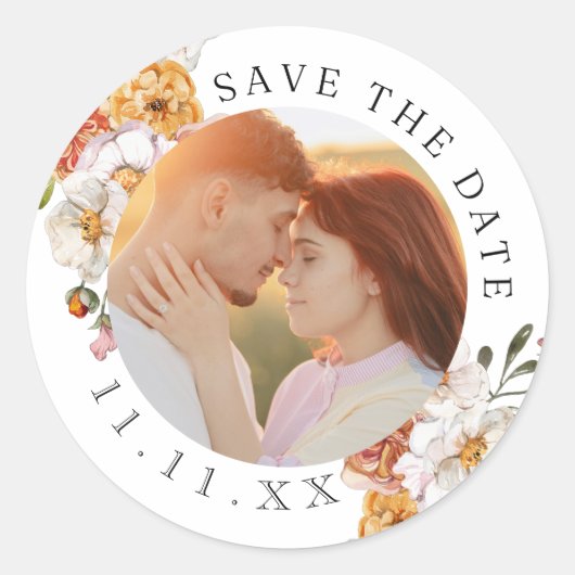 Aangepaste foto bloemige Save the Date Ronde Sticker (Voorkant)