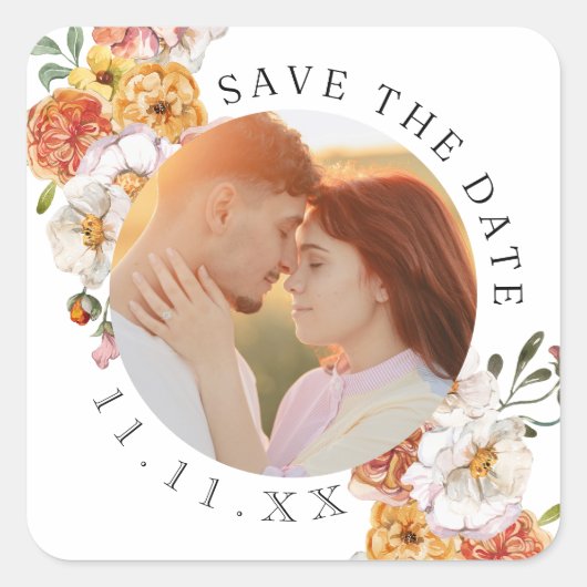 Aangepaste foto bloemstuk save the date vierkante sticker (Voorkant)