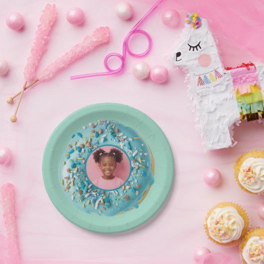 Aangepaste Foto Blue Donut Sprinkles Verjaardagsfe Papieren Bordje (Feest)
