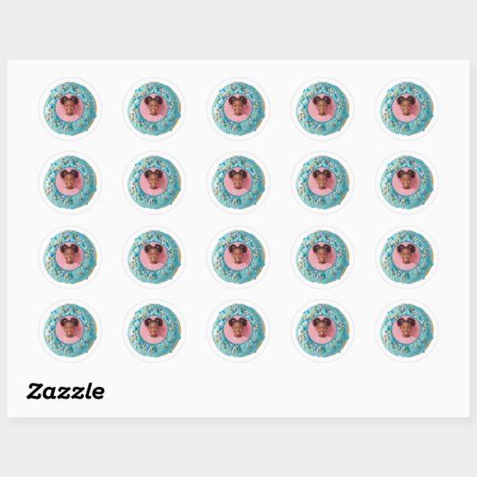 Aangepaste Foto Blue Donut Sprinkles Verjaardagsfe Ronde Sticker (Vel)