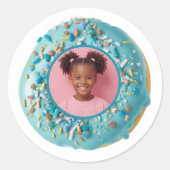 Aangepaste Foto Blue Donut Sprinkles Verjaardagsfe Ronde Sticker (Voorkant)