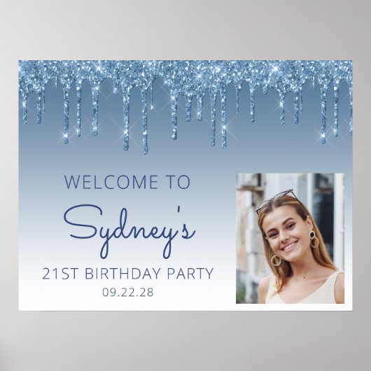 Aangepaste Foto Blue Glitter 21ste Verjaardag Welk Poster (Voorkant)