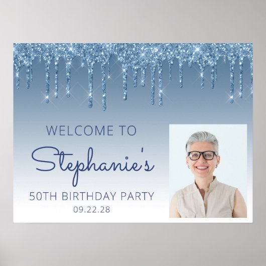 Aangepaste Foto Blue Glitter 50e verjaardag Welkom Poster (Voorkant)