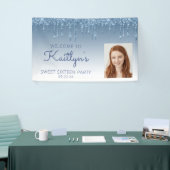 Aangepaste foto Blue Glitter Drip Sweet 16-banner Spandoek (Beurs)