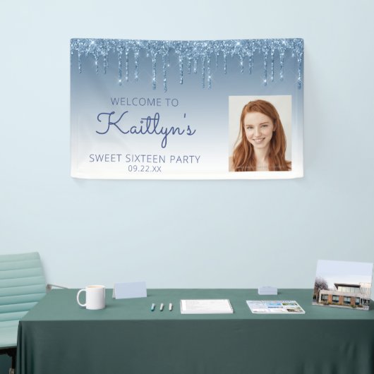 Aangepaste foto Blue Glitter Drip Sweet 16-banner Spandoek (Beurs)