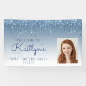 Aangepaste foto Blue Glitter Drip Sweet 16-banner Spandoek (Horizontaal)