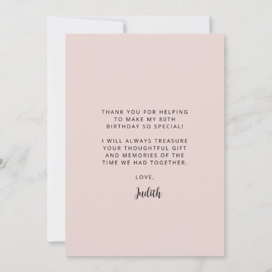 Aangepaste foto Blush Roze 80e Verjaardagsfeest Bedankkaart (Achterkant)