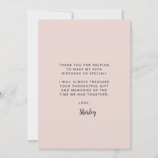 Aangepaste foto Blush Roze 90e Verjaardagsfeest Bedankkaart (Achterkant)