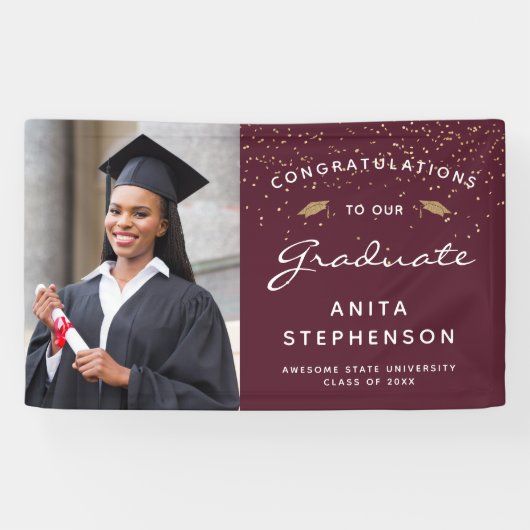 Aangepaste foto bordeaux wit schrift goud afstuder spandoek (Horizontaal)