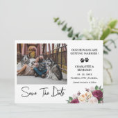 Aangepaste foto bordeauxrood bloemig hond thema save the date (Staand voorkant)