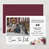 Aangepaste foto bordeauxrood bloemig hond thema save the date (Voorkant / Achterkant)