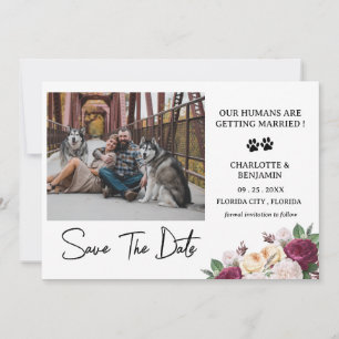Aangepaste foto bordeauxrood bloemig hond thema save the date