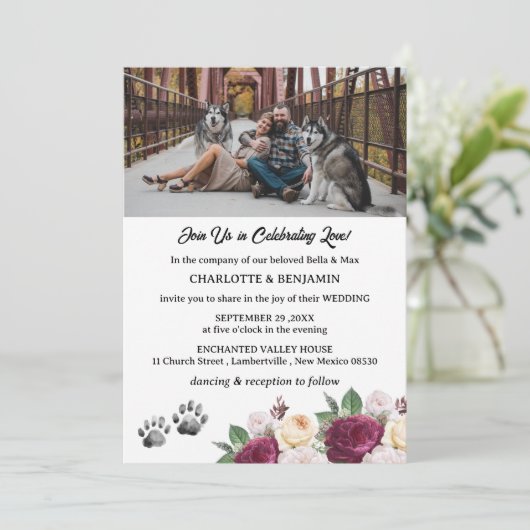 Aangepaste foto Bourgogne Bloemen Hond Thema Bruil Kaart (Staand voorkant)