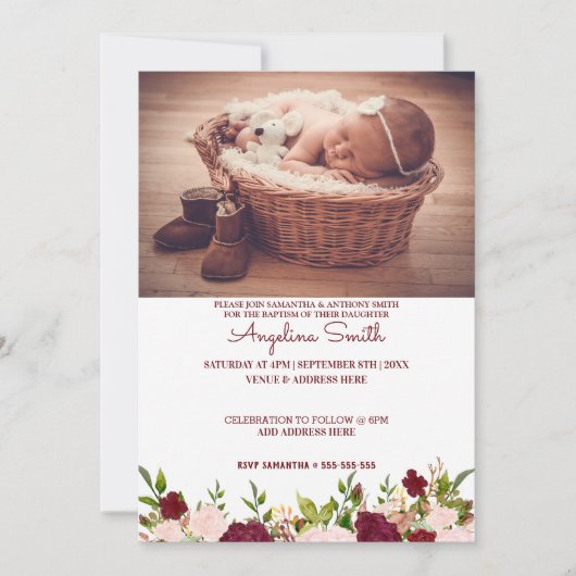 Aangepaste foto Bourgundy Floral Baptism Kaart (Voorkant)