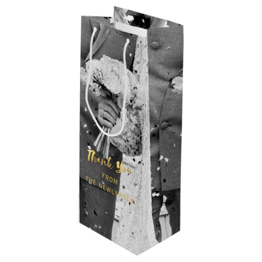 Aangepaste foto bruiloft dank u wijn geschenk tas wijn cadeautas (Voorkant Gekanteld)