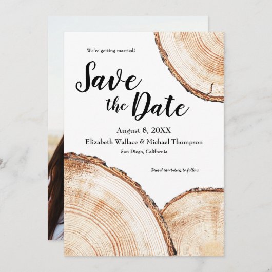 Aangepaste foto-bruiloft Save the Date Rustic Wood (Voorkant / Achterkant)