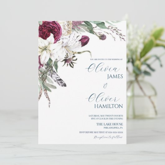 Aangepaste foto-burgundy navy QR code bruiloft Kaart (Staand voorkant)