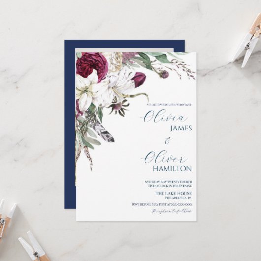 Aangepaste foto-burgundy navy QR code bruiloft Kaart (Voorkant / Achterkant in situ)