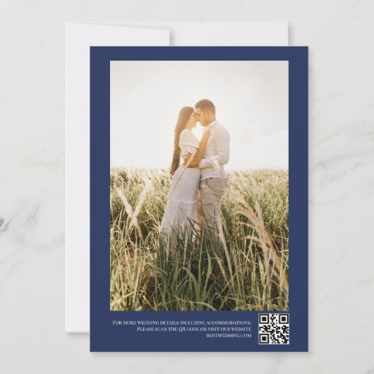Aangepaste foto-burgundy navy QR code bruiloft Kaart (Achterkant)