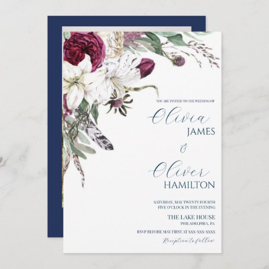 Aangepaste foto-burgundy navy QR code bruiloft Kaart (Voorkant / Achterkant)