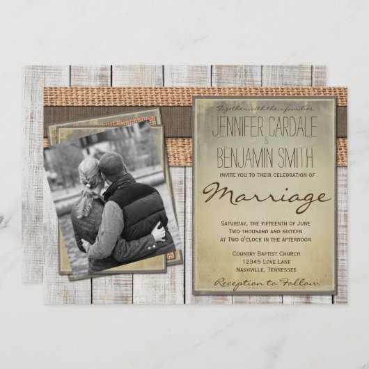 Aangepaste foto Burlap Barn Wood Huwelijksuitnodig Kaart (Voorkant / Achterkant)