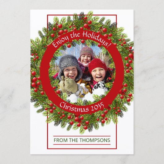 Aangepaste foto Classic Green Holly Red Berries Feestdagenkaart (Voorkant)