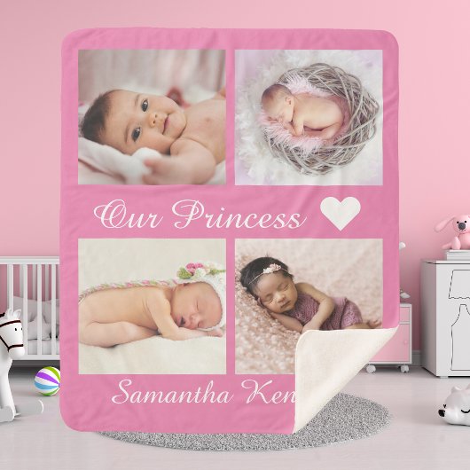 Aangepaste foto collage baby naam monogram roze sherpa deken