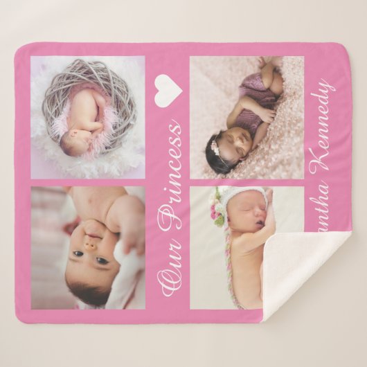 Aangepaste foto collage baby naam monogram roze sherpa deken (Voorkant (horizontaal))