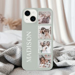 Aangepaste foto collage gepersonaliseerd saliegroe iPhone 16 hoesje<br><div class="desc">Pas je telefoon aan met onze saliegroene hoes,  met een gepersonaliseerde naam en monogram,  samen met maximaal 4 van je favoriete foto's. Maak een unieke en stijlvolle accessoire die je persoonlijkheid en stijl weerspiegelt. Onze hoogwaardige hoezen bieden duurzame bescherming voor je apparaat en tonen je persoonlijke touch.</div>