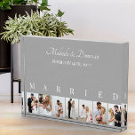 Aangepaste foto Collage Grijs 7 Afbeelding bruilof<br><div class="desc">Elegant fotoblok, gepersonaliseerd met uw trouwfoto's. Een stijlvol ontwerp in een neutraal kleurenpalet van grijs en wit - perfect voor pasgetrouwde geschenken en jubileumgeschenken. De fotosjabloon is ingesteld voor u om 7 van uw favoriete afbeeldingen toe te voegen die in portretformaat worden weergegeven in een eenvoudige rasterstijl fotocollage. MARRIED is...</div>