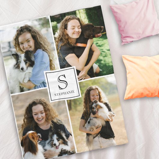 Aangepaste foto collage met monogram en naam 4 fot fleece deken