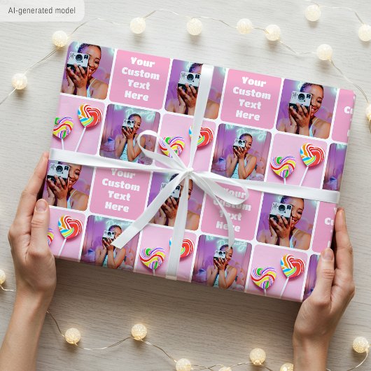 Aangepaste foto collage moderne retro roze trendy cadeaupapier