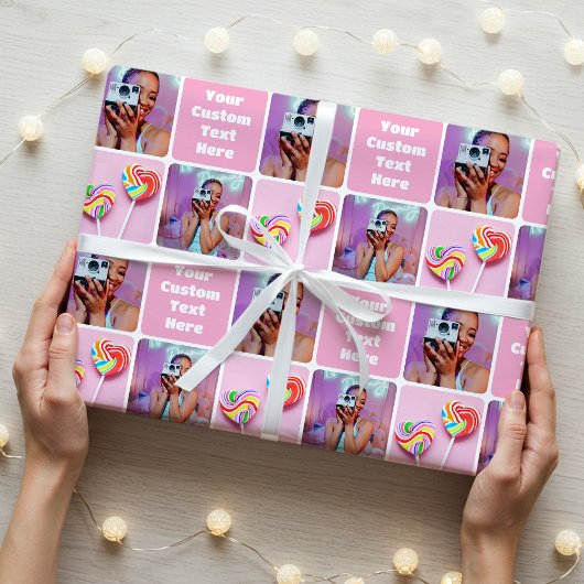 Aangepaste foto collage moderne retro roze trendy cadeaupapier