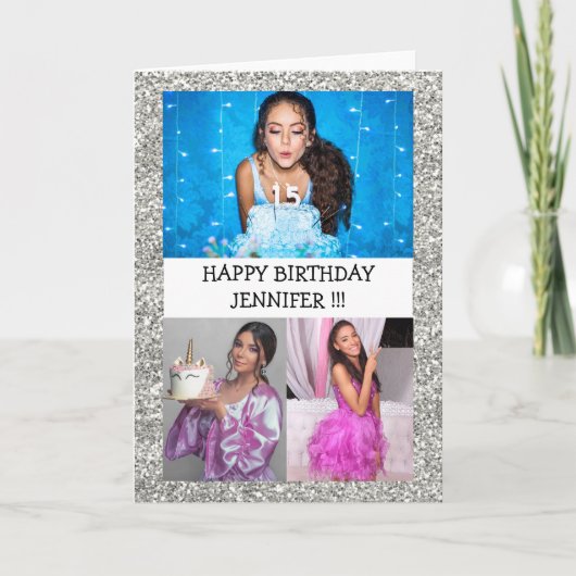 Aangepaste foto Collage naam Glitter Happy jarig Kaart (Voorkant)