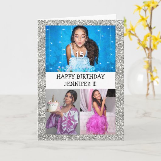 Aangepaste foto Collage naam Glitter Happy jarig Kaart (Gele Bloem)
