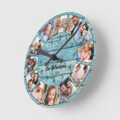 Aangepaste foto Collage Natural Wood Naam Ronde Klok (Hoek)