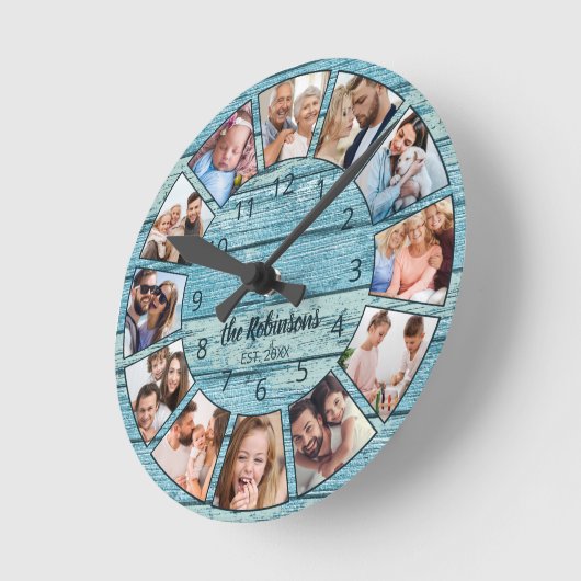 Aangepaste foto Collage Natural Wood Naam Ronde Klok (Hoek)
