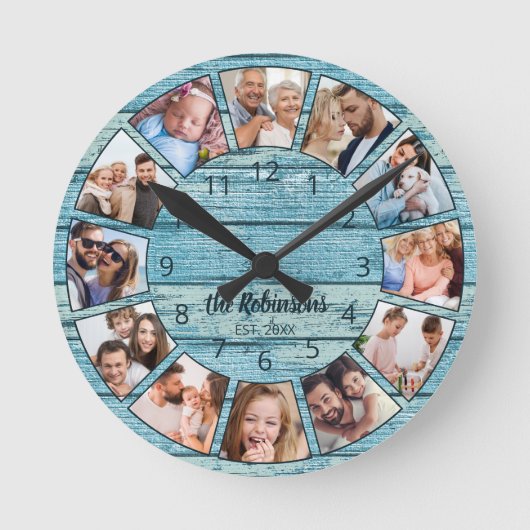 Aangepaste foto Collage Natural Wood Naam Ronde Klok (Voorkant)