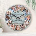 Aangepaste foto Collage Natural Wood Naam Ronde Klok<br><div class="desc">U kunt eenvoudig uw eigen,  gepersonaliseerde blauwe,  rustige driftwood-planken wandklok in het meer creëer met uw eigen foto's,  familienaam en een jaar geleden. Voor beste resultaten,  bewaar de afbeeldingen aan vierkant - met het nadrukpunt in het centrum - alvorens te uploaden.</div>