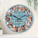 Aangepaste foto Collage Natural Wood Naam Ronde Klok<br><div class="desc">U kunt eenvoudig uw eigen,  gepersonaliseerde blauwe,  rustige driftwood-planken wandklok in het meer creëer met uw eigen foto's,  familienaam en een jaar geleden. Voor beste resultaten,  bewaar de afbeeldingen aan vierkant - met het nadrukpunt in het centrum - alvorens te uploaden.</div>