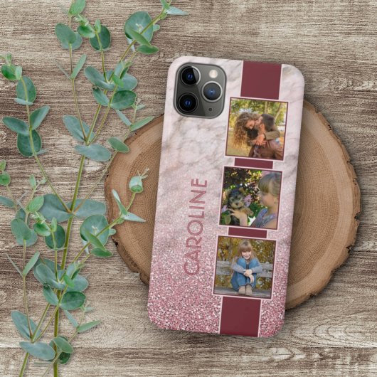 Aangepaste foto collage op roze marmer patroon iPhone hoesje