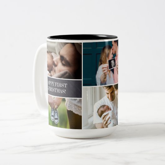 Aangepaste foto Collage Pap Happy First Kerstfeest Tweekleurige Koffiemok (Voorkant links)