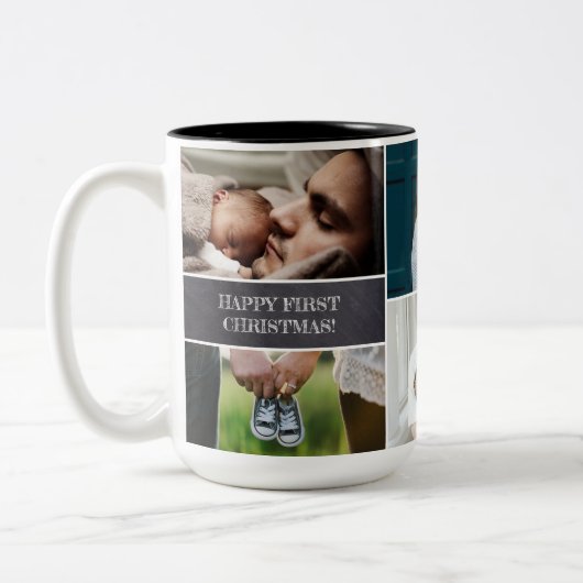Aangepaste foto Collage Pap Happy First Kerstfeest Tweekleurige Koffiemok (Links)