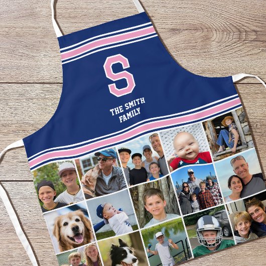Aangepaste foto collage retro varsity roze & marin schort
