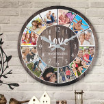 Aangepaste foto Collage Rustic Farmhouse Love Fami Grote Klok<br><div class="desc">Create your own personalized 12 foto Instagram foto collage wall clock with your custom images on a rustic farmhouse style wooden plank background. The clock face also features your familiy name, established year and a "Love" handwritten script. Add your favorite foto's, designs or artworks to create something really. To edit...</div>