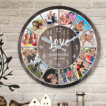 Aangepaste foto Collage Rustic Farmhouse Love Fami Ronde Klok<br><div class="desc">Create your own personalized 12 foto Instagram foto collage wall clock with your custom images on a rustic farmhouse style wooden plank background. The clock face also features your familiy name, established year and a "Love" handwritten script. Add your favorite foto's, designs or artworks to create something really. To edit...</div>
