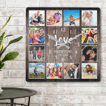 Aangepaste foto Collage Rustic Farmhouse Love Fami Vierkante Klok<br><div class="desc">Create your own personalized 12 foto Instagram foto collage wall clock with your custom images on a rustic farmhouse style wooden plank background. The clock face also features your familiy name, established year and a "Love" handwritten script. Add your favorite foto's, designs or artworks to create something really. To edit...</div>