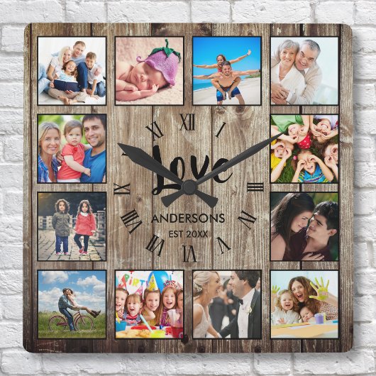Aangepaste foto Collage Rustic Farmhouse Love Fami Vierkante Klok