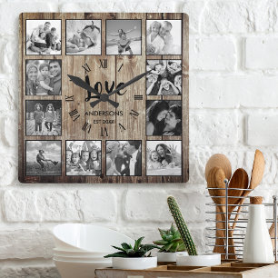 Aangepaste foto Collage Rustic Farmhouse Love Fami Vierkante Klok