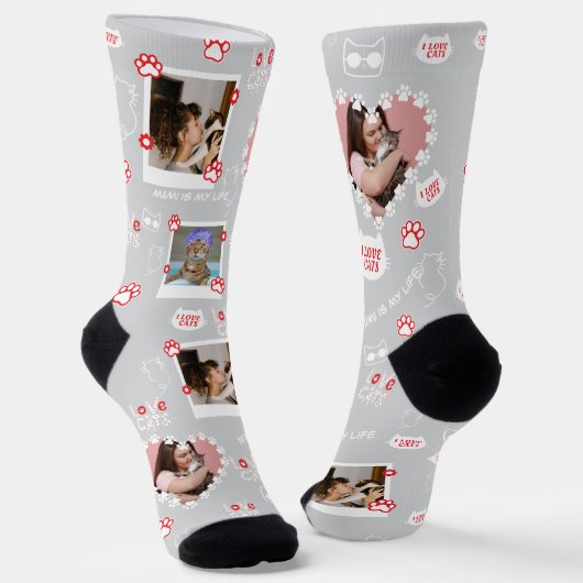 Aangepaste foto-collage sokken met kat en naam (Gebogen)